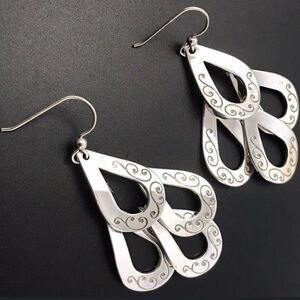 BRIGHTON Fishtail Earrings French Wire Dangle Drop Pierced Silver Tone Etched
